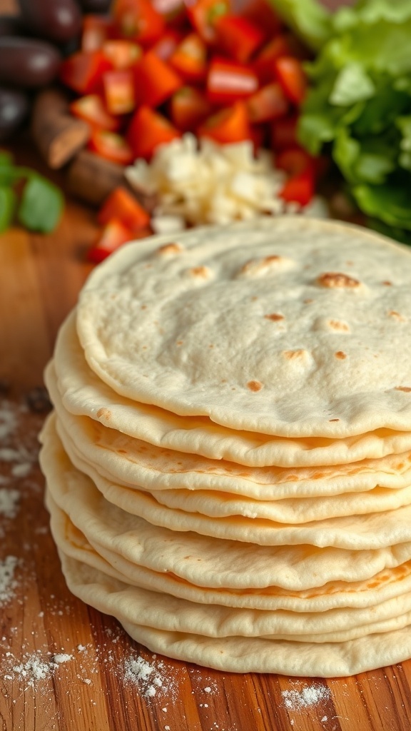 Homemade Tortillas for Kids A stack of warm homemade tortillas on a wooden table, surrounded by fresh ingredients for tacos.
